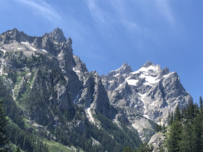 Teewinot Mountain, Mount Owen, and Grand Teton as seen from lower Cascade Canyon.