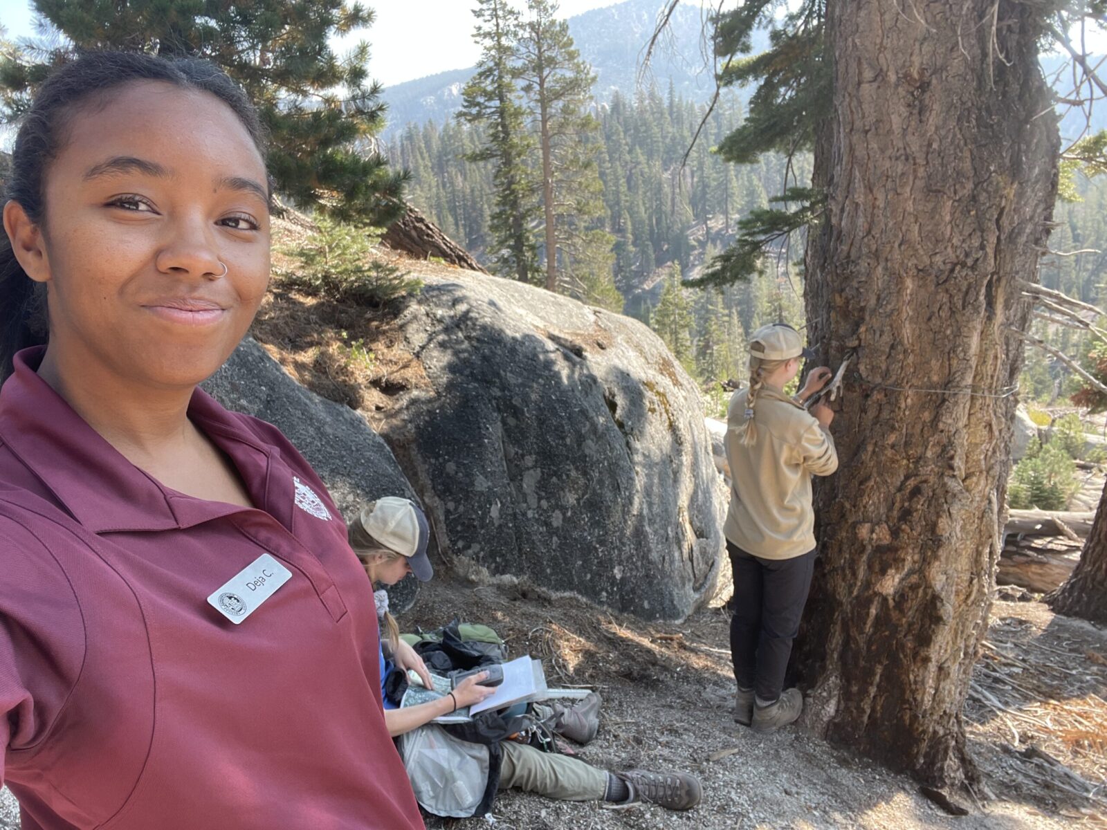 Deja with other interns during her NPS Academy internship at Devils Postpile National Monument.