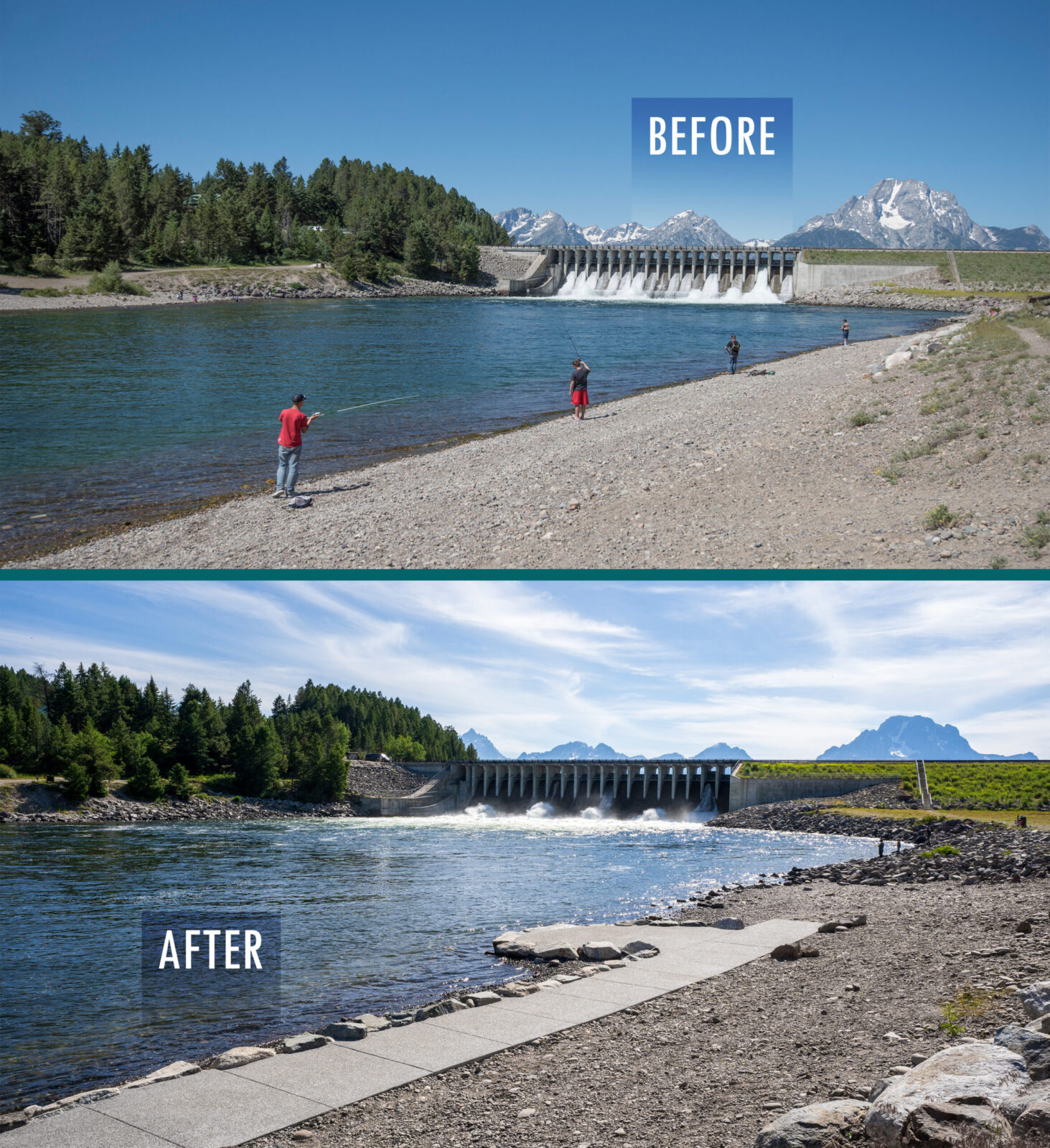A before and after image of the Jackson Lake Dam project, showcasing the newly built accessible fishing ramp. This new ramp provides fishing opportunities for those in wheelchairs.