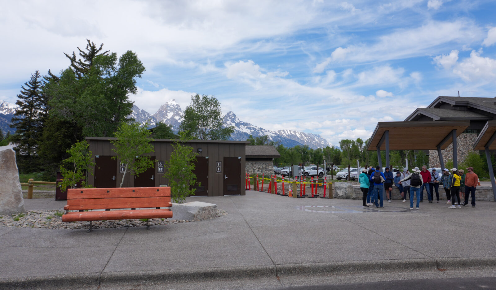 Moose Landing 2025 Visitors gather and wait for their float trip with new restroom facilities, shade structures, and an incredible view of the Tetons.