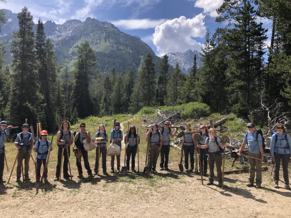 The YCP crew at Leigh Lake on their last day of work on their multiweek project to re-route the trail on the east side of the lake.