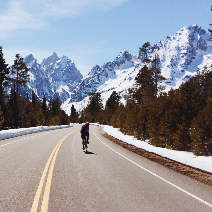 A cyclist enjoys the solitude of Teton Park Road in April.