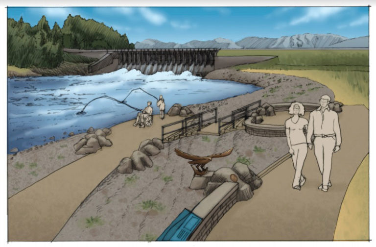 Conceptual rendering: One of the most popular sites for fishing in the park, the north side of the dam will provide an accessible pathway and platform for visitors of all abilities to spin fish or fly fish from shore. The new pathway from the parking area to the river will include educational exhibits about some of the park’s wilder inhabitants who also enjoy fishing from this spot—osprey.
