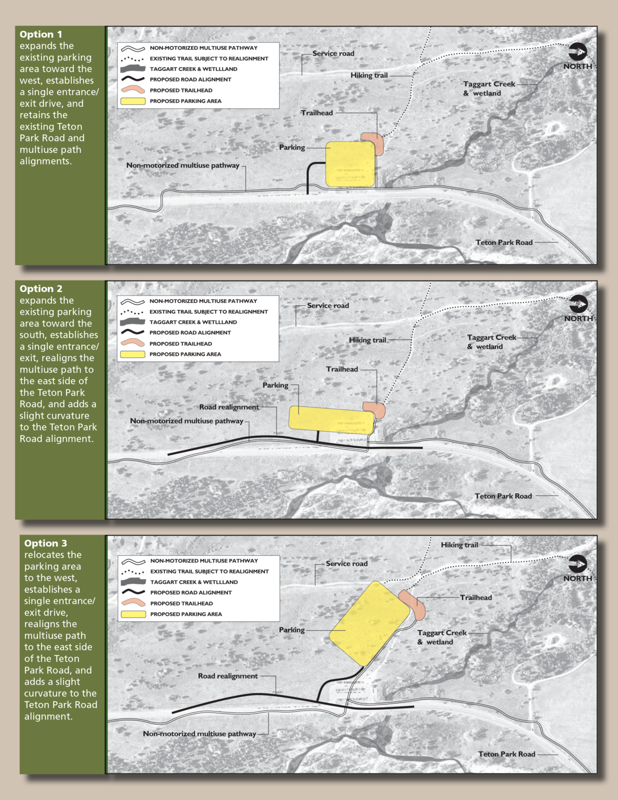 Taggart Lake Public Engagement Parking Lot Options The National Park Service is eager to hear public feedback on these early conceptual layout ideas for the reimagining of the Taggart Lake area.