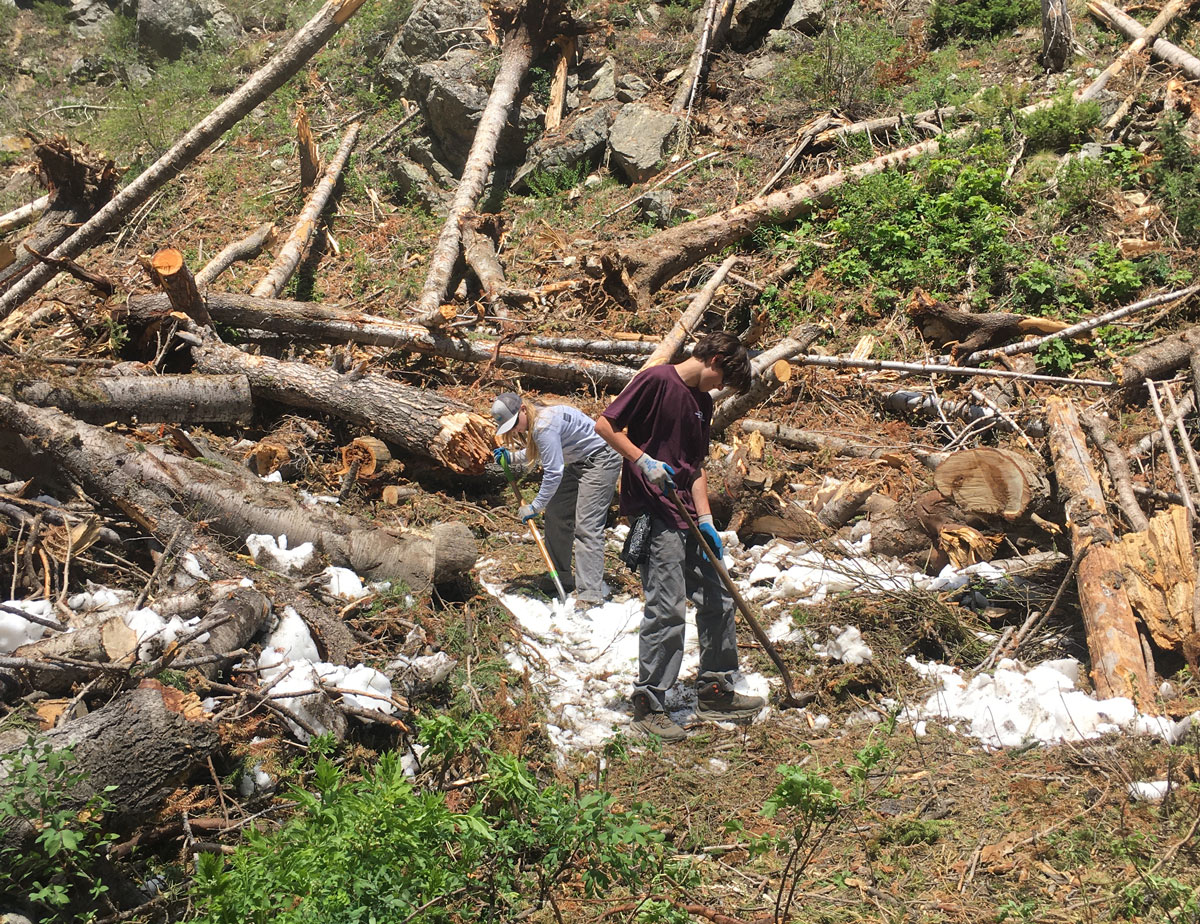 Crew members clear avalanche debris from the trail.