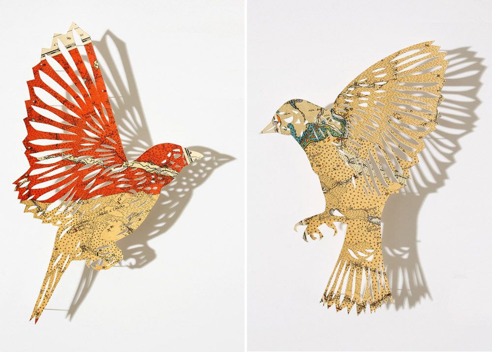 bf13d519b4081e115c1eafde43a7bb0b Brewster creates beautiful, intricate paper cuts of birds, flowers, and insects out of vintage paper maps.